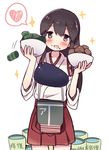  akagi_(kantai_collection) bauxite brown_eyes brown_hair bucket food food_on_face heart japanese_clothes kantai_collection kimoko long_hair looking_at_viewer muneate open_mouth skirt solo sparkle speech_bubble 