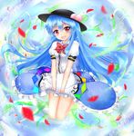  blue_hair bow dress food fruit gradient gradient_background hat highres hinanawi_tenshi jumping layered_dress leaf legs_up long_hair looking_at_viewer open_mouth peach petals puffy_short_sleeves puffy_sleeves red_eyes short_sleeves skirt_hold solo touhou ymd_(holudoun) 