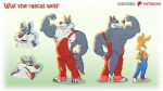 16:9 anthro bottomwear buckteeth butt_outline canid canine canis chicobo clothing cotton_tail countryside denim denim_bottomwear denim_clothing duo fangs farmer flexing fur hi_res jeans lagomorph leporid male male/male male_anthro mammal multicolored_body multicolored_fur muscular muscular_male nipples orange_body orange_fur overalls overalls_only pants pointy_ears pose rabbit rural size_difference tail teeth tongue tongue_out two_tone_body two_tone_fur widescreen wolf