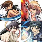  2girls alternate_color alternate_costume bad_id bad_pixiv_id bangs black_hair blonde_hair blue_eyes brown_eyes brown_hair choker dougi dress energy_ball eyebrows fire flame floral_print hadouken inkblot kasugano_sakura ken_masters makoto_(street_fighter) multiple_boys multiple_girls powering_up ribbon_choker robi_(okkkkk123) shouryuuken street_fighter street_fighter_iv_(series) sundress thick_eyebrows uppercut yang_lee 