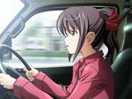  1girl brown_eyes car game_cg isurugi_chie katakura_shinji kira_kira motor_vehicle purple_hair vehicle 