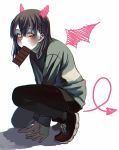  1other androgynous blush chara_(undertale) chocolate highres pantyhose red_eyes shirt shoes shorts shousan_(hno3syo) solo source_request striped striped_shirt striped_sweater sweater undertale 