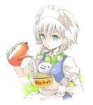  apron aqua_eyes blue_dress braid cup_ramen dress food hair_ribbon ichizen_(o_tori) izayoi_sakuya kettle maid maid_headdress noodles puffy_sleeves ramen ribbon short_sleeves silver_hair smile solo touhou twin_braids upper_body waist_apron wrist_cuffs 