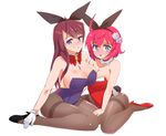  animal_ears bad_id bad_pixiv_id blue_eyes blush bow bowtie breasts brown_hair bunny_ears bunnysuit character_request cleavage detached_collar dice gloves highres kuzuaki large_breasts long_hair medium_breasts multiple_girls pantyhose pink_hair purple_eyes sengoku_collection short_hair sitting thighband_pantyhose wariza 