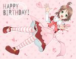  1girl apron blush brown_hair corpse_party dress green_eyes hair_bobbles hair_ornament hairpin happy_birthday heart highres mary_janes open_mouth red_dress shoes short_hair smile solo striped striped_legwear suzumoto_mayu 