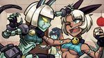  apron aqua_eyes blue_skin bob_cut breasts catfight choker claws covering_mouth dark_skin fangs fingerless_gloves fingernails fish_girl gloves glowing glowing_eyes hair_pull hand_over_own_mouth highres lab_zero_games long_fingernails medium_breasts minette_(skullgirls) ms._fortune_(skullgirls) multiple_girls official_art pink_eyes restaurant robo-fortune robot scallop scar skullgirls underboob x_villain yellow_sclera 
