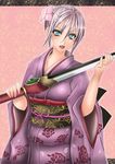  1041_(toshikazu) 1girl blue_eyes flower hair_flower hair_ornament isabella_valentine japanese_clothes looking_at_viewer purple_hair solo soul_calibur sword weapon 