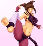  barefoot blush breasts capcom feet han_juri highres large_breasts midriff momo_765 smile soles street_fighter street_fighter_iv toeless_legwear toes 