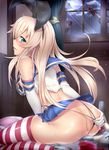  &gt;_&lt; anchor ass black_panties blonde_hair blue_eyes blush closed_eyes clothed_masturbation crotch_rub elbow_gloves gloves hair_ornament hairband highres kantai_collection long_hair looking_at_viewer looking_back masturbation open_mouth panties panties_aside pussy pussy_juice rensouhou-chan seiza shimakaze_(kantai_collection) shirasaki_aloe sitting skirt solo striped striped_legwear thighhighs thong underwear white_gloves 