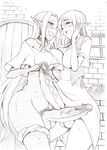  2girls blush breasts character_request elf erection eyes_closed full-package_futanari futa_with_futa futanari gekka_kaguya_(urabata) huge_penis large_breasts laughing long_hair monochrome multiple_girls original penis pointy_ears smile testicles veins veiny_penis very_long_hair 