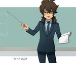  bespectacled chalkboard character_name cowboy_shot formal fudou_akio glasses inazuma_eleven_(series) inazuma_eleven_go male_focus mizuhara_aki necktie older solo suit tongue 