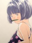  bangs bare_shoulders black_eyes black_hair blunt_bangs bob_cut child highres kubonouchi_eisaku lips original pencil pencil_mustache short_hair solo star star_print traditional_media 