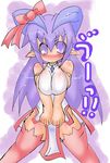  1girl bare_shoulders blush breasts covering covering_crotch demon_girl embarrassed female horns large_breasts long_hair natsumaru natsumaru_(berudesan) no_panties original pointy_ears pubic_hair purple_hair ribbon see-through sideboob solo spread_legs standing succubus thighhighs verude_(natsumaru) 