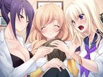  3girls age_difference ayase_hazuki black_hair blonde_hair blush breasts character_request child game_cg hetero huge_breasts labcoat multiple_girls purple_hair red_eyes short_hair shota smile straight_shota tappuri_ijitte_ageru 