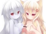  2girls animal_ears blonde_hair blue_hair blue_skin blush breast_envy breasts cat_ears censored hetero long_hair multiple_girls naizuri nightmare_cat nipples nude paizuri penis pixiv_mahou_gakuen red_eyes small_breasts 