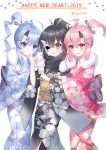  3girls :&lt; :d akatsuki_(azur_lane) arm_hug azur_lane bangs black_hair black_kimono blue_eyes blue_hair blue_kimono blush brown_eyes commentary_request eyebrows_visible_through_hair floral_print fur_collar hair_between_eyes hair_ornament hairclip half_mask happy_new_year headgear high_ponytail highres holding horns ikazuchi_(azur_lane) inazuma_(azur_lane) japanese_clothes kimono long_sleeves mask_over_one_eye multiple_girls new_year obi open_mouth parted_lips pink_eyes pink_hair pink_kimono ponytail print_kimono sash simple_background smile takeg05 triangle_mouth twitter_username v-shaped_eyebrows white_background wide_sleeves 