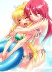  ^_^ air bikini blonde_hair blush closed_eyes grin hug hug_from_behind innertube kamio_haruko kamio_misuzu long_hair multiple_girls ponytail red_hair shiny shiny_skin side-tie_bikini sketch smile swimsuit wading water zen 