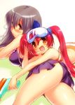  air ass bikini black_hair casual_one-piece_swimsuit diving_mask frilled_swimsuit frills long_hair lying michiru_(air) multiple_girls on_stomach one-piece_swimsuit orange_eyes purple_eyes red_hair swimsuit toono_minagi twintails water_gun zen 