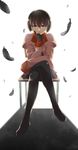  black_hair crossed_legs empty_eyes feathers gloves highres monogatari_(series) orange_cassis oshino_ougi pantyhose school_uniform short_hair sitting solo 