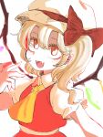  1girl :d ascot blonde_hair blush bow collared_shirt commentary_request fangs flandre_scarlet hat hat_bow highres looking_at_viewer mob_cap one_side_up open_mouth pointy_ears puffy_short_sleeves puffy_sleeves red_bow red_eyes red_skirt red_vest shika_miso shirt short_sleeves simple_background skin_fangs skirt skirt_set smile solo touhou upper_body vest white_background white_hat white_shirt wings yellow_ascot 