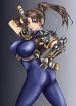  1041_(toshikazu) 1girl armor ass bad_anatomy bodysuit breasts brown_eyes brown_hair covered_nipples erect_nipples large_breasts long_hair looking_at_viewer ninja no_mask ponytail skin_tight solo soul_calibur soulcalibur_iii standing taki taki_(soulcalibur) 