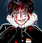  1boy blood blood_on_face bloody_clothes bloody_hands corpse_party crazy crazy_eyes crazy_smile glasses green_eyes hands_on_own_face knife monochrome morishige_sakutarou rough school_uniform short_hair smile tongue 