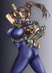  1041_(toshikazu) 1girl armor ass bad_anatomy bodysuit breasts brown_eyes brown_hair large_breasts long_hair looking_at_viewer mask ninja ponytail skin_tight solo soul_calibur soulcalibur_iii standing taki taki_(soulcalibur) 