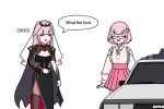  ._. 2020 2girls :d ^_^ back_to_the_future black_cape black_tiara cape censored censored_profanity closed_eyes delorean dual_persona english_text flower glasses hair_flower hair_ornament highres holding holding_microphone hololive hololive_english holosub_trainee long_hair looking_at_another microphone mori_calliope mori_calliope_(1st_costume) mori_calliope_(kawaiiope) mosaic_censoring multiple_girls official_alternate_costume parted_lips pink_hair pink_skirt profanity semi-rimless_eyewear short_hair shoulder_spikes simple_background skirt smile speech_bubble spiked_cape spikes standing tiara time_paradox under-rim_eyewear veil virtual_youtuber white_background white_flower 
