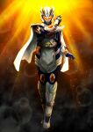  1girl absurdres alchemisdriver armor atu_(fuji_atu66) black_background capelet commentary full_body glowing helmet highres kamen_rider kamen_rider_gotchard_(series) kamen_rider_majade orange_eyes solo tokusatsu white_armor white_capelet white_helmet 
