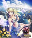  anbe_yoshirou angel_wings artist_name asteria_(shinma_x_keishou!_ragnabreak) barefoot beacg bikini bird blonde_hair blue_eyes blue_sarong breasts cleavage copyright_name day english feathered_wings floral_print flower flower_pot frilled_bikini frills front-tie_top hair_flower hair_ornament long_hair looking_at_viewer looking_back medium_breasts ocean petals print_sarong sarong seagull shinma_x_keishou!_ragnabreak sitting sky solo swimsuit translucent_sarong water wings 