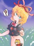  2girls ? black_shirt blonde_hair blue_eyes blue_sky blush bottomless bow bowtie breasts collared_shirt commentary_request cowboy_shot doll expressionless frilled_shirt_collar frills grass hair_ribbon highres looking_at_viewer medicine_melancholy medium_breasts multiple_girls navel open_mouth outdoors red_bow red_bowtie red_ribbon ribbon shika_miso shirt short_hair sky spoken_question_mark star_(sky) starry_sky su-san touhou wavy_hair x_mouth 