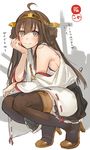  ahoge bad_id bad_pixiv_id bare_shoulders boots braid breasts brown_hair brown_legwear chin_rest copyright_name detached_sleeves double_bun grey_eyes headgear high_heels japanese_clothes kantai_collection kippu kongou_(kantai_collection) long_hair looking_at_viewer medium_breasts nontraditional_miko sideboob skirt smile solo squatting thigh_boots thighhighs translated wide_sleeves 