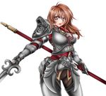  1041_(toshikazu) 1girl armor brown_eyes brown_hair hildegard_von_krone long_hair looking_at_viewer mole no_headwear no_helmet polearm solo soul_calibur soulcalibur_iv standing sword weapon 