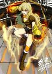  absurdres ahoge aura bad_id bad_pixiv_id blonde_hair boots dated fighting_stance fingerless_gloves gauntlets gloves highres long_hair open_mouth red_eyes rwby signature solo weapon yang_xiao_long zanjuan 