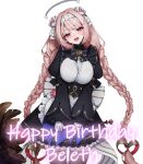  1girl :d ankkoyom apron beleth_(eversoul) blush bow braid breasts broken_halo cable_knit circuit_board_print commission dress duster english_text eversoul feather_duster frills gloves grey_thighhighs hair_ornament halo happy_birthday heart highres holding holding_duster large_breasts long_hair long_sleeves looking_at_viewer maid maid_apron mechanical_halo pink_eyes pink_hair simple_background smile solo standing swept_bangs thighhighs twin_braids waist_apron waist_bow white_background white_gloves white_halo 