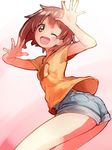  ;d brown_eyes brown_hair casual denim denim_shorts highres jewelpet_(series) jewelpet_happiness looking_back nyama one_eye_closed open_mouth outstretched_hand shirt short_hair short_shorts shorts smile solo t-shirt tsukikage_chiari 