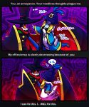 &gt;_&lt; big_hands blue_clothing blue_eyes bodily_fluids clothing comic concordian corruption cozette_(mario) dark_clothing dialogue distressed duo english_text eye_bags eye_contact eyelashes eyes_closed female glowing glowing_eyes gold_(metal) hat headgear headwear held_by_waist humanoid looking_at_another mario_and_luigi:_brothership mutedeclipse open_mouth orange_eyes pain purple_background red_clouds scarf sequence shaded signature simple_background size_difference spiral squeezing squirming sweat sweatdrop text top_hat wings zokket_(mario)
