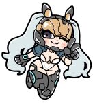  1girl ;3 animal_ears_helmet animal_helmet assault_visor bkub black_gloves black_helmet black_thighhighs blue_jacket blush breasts bunny_(the_first_descendant) cleavage closed_mouth cropped_jacket deformed dot_nose eyelashes full_body gloves hand_up helmet highres jacket leotard long_eyelashes long_hair medium_breasts one_eye_closed open_clothes open_jacket purple_eyes short_sleeves simple_background smile solo strapless strapless_leotard the_first_descendant thighhighs twintails v very_long_hair white_background white_hair white_leotard 