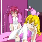  aida_mana alternate_hairstyle bed blanket blonde_hair blue_eyes blush bottomless bow dokidoki!_precure hair_down long_hair lying multiple_girls navel no_ribbon one_eye_closed pajamas pillow pink_bow pink_eyes pink_hair precure regina_(dokidoki!_precure) rena_(manta3104) sharuru_(dokidoki!_precure) short_hair sleeping sleepy smile translated waking_up yuri 