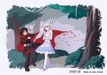  :3 blue_eyes blush_stickers cape copyright_name dress english flower hair_ornament heart heiqi_(sharpface) jewelry long_hair long_sleeves multiple_girls mushroom necklace pantyhose petals ponytail rose rose_petals ruby_rose rwby short_hair speech_bubble spoken_heart tree weiss_schnee white_hair 