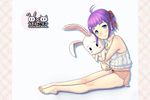  ahoge bad_id bad_pixiv_id barefoot blue_eyes blush hair_bobbles hair_ornament hair_ribbon hairclip heterochromia highres legs original pajamas purple_hair red_eyes ribbon short_hair shorts smile solo stuffed_animal stuffed_bunny stuffed_toy twintails usanekorin 