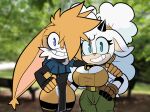 0r0 anthro bell belt big_breasts blue_eyes bottomwear bovid breasts caprine clothing dress duo female fingerless_gloves fur gloves grin handwear hi_res horn hug idw_publishing lagomorph lanolin_the_sheep_(sonic) leporid lettuce_(artist) long_ears male mammal orange_body pants photo_background photography_(artwork) rabbit sega sheep shirt sleeves smile sonic_the_hedgehog_(comics) sonic_the_hedgehog_(idw) sonic_the_hedgehog_(series) tan_body tan_skin thick_thighs topwear white_body white_fur wide_hips