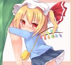  bag blonde_hair blush fang flandre_scarlet frame hat hat_ribbon hong_meiling kindergarten_bag kindergarten_uniform kisa_(k_isa) leg_cling leg_hug looking_at_viewer mob_cap multiple_girls red_eyes ribbon shirt shoulder_bag shy side_ponytail skirt touhou uu~ wavy_mouth wings younger 