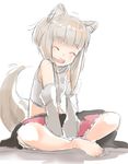  ^_^ animal_ears bad_id bad_pixiv_id barefoot closed_eyes highres indian_style inubashiri_momiji no_hat no_headwear potion01 sitting sketch smile solo tail touhou wolf_ears wolf_tail 