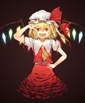  :d ascot blonde_hair fangs flandre_scarlet hand_on_hip hat mob_cap open_mouth red_eyes short_hair sky341125290 smile solo touhou v v_over_eye vampire wings 