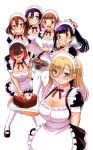  6+girls :q alternate_costume apron black_dress black_shoes blonde_hair blue_eyes blunt_bangs blush bowl breasts brown_hair cake chocolate_cake cleavage closed_mouth collarbone commentary_request detached_collar dress enmaided finger_to_mouth food fruit grin hair_between_eyes hair_ornament hair_over_one_eye hairclip heart heart-shaped_cake heart-shaped_food highres holding holding_bowl holding_cake holding_food holding_pastry_bag holding_spatula kamogawa_mai kodera_aoi kuzuryuu_hanako large_breasts long_hair maid maid_apron maid_headdress mary_janes multiple_girls neck_ribbon open_mouth pastry_bag purple_eyes purple_hair red_eyes red_hair red_ribbon ribbon shoes short_hair simple_background smile socks sogabe_toshinori spatula strawberry takae_kasumi tongue tongue_out tsuruhashi_madoka ushigome_yuna white_background white_socks white_wrist_cuffs wrist_cuffs yankee_jk_kuzuhana-chan 