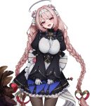  1girl :d absurdres ankkoyom apron beleth_(eversoul) blush bow braid breasts broken_halo cable_knit circuit_board_print commission dress duster eversoul feather_duster frills gloves grey_thighhighs hair_ornament halo heart highres holding holding_duster large_breasts long_hair long_sleeves looking_at_viewer maid maid_apron mechanical_halo pink_eyes pink_hair simple_background smile solo standing swept_bangs thighhighs twin_braids waist_apron waist_bow white_background white_gloves white_halo 