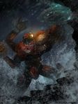  crimson_typhoon emblem extra_arms glowing glowing_eye hachifuku highres kaijuu light_particles mecha monster no_humans ocean pacific_rim rain realistic saw science_fiction storm stormy_waters super_robot water waves 