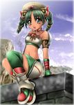  1041_(toshikazu) 1girl :d alternate_costume braid green_eyes green_hair hat looking_at_viewer midriff navel open_mouth sitting smile solo soul_calibur soulcalibur_iii talim twin_braids twintails 
