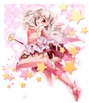  boots checkered checkered_background fate/kaleid_liner_prisma_illya fate_(series) feathers gloves holding holding_wand illyasviel_von_einzbern kaleidostick kamiya_tomoe long_hair magical_girl magical_ruby open_mouth panties pink_footwear pink_legwear polka_dot polka_dot_panties prisma_illya red_eyes silver_hair solo star thigh_boots thighhighs underwear wand 